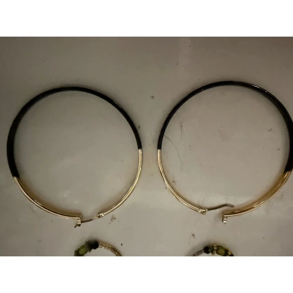 Gold Tone Hoop Earring Set Large Black Enamel Beaded Boho and Small Huggie Hoops